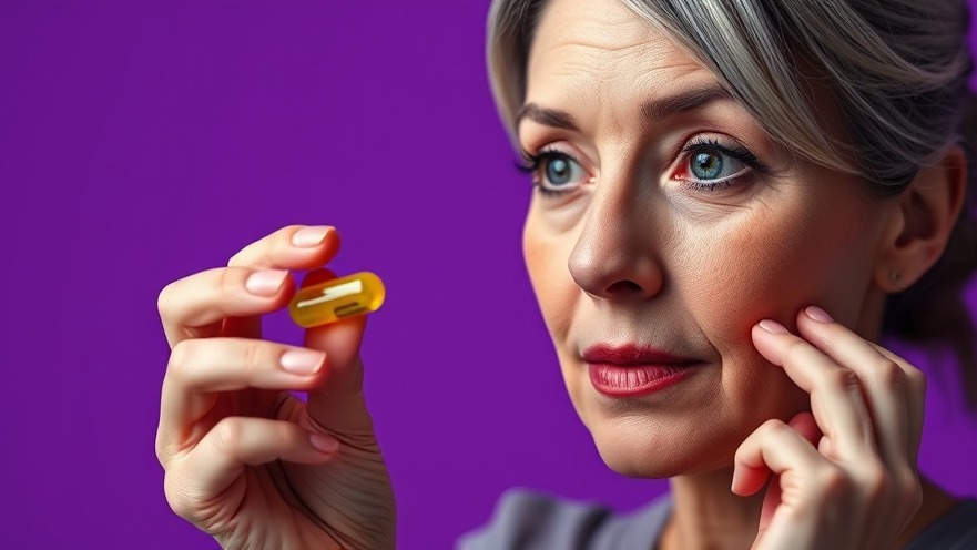 Middle-aged woman focused on berberine benefits, holding a yellow capsule, cinematic style.