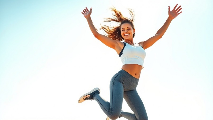 Dynamic young woman mid-air leap, promoting exercise for aging and bone health.