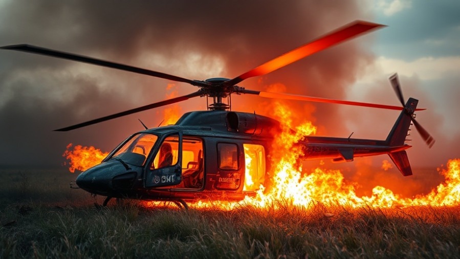 Crashed helicopter in flames, highlighting community support after tragedy involving Illinois gubernatorial candidate.
