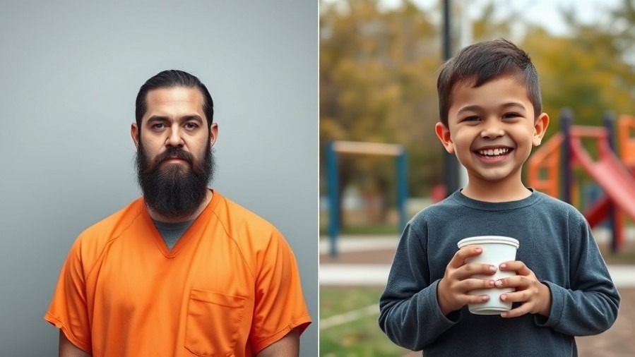 Contrasting image of a serious man in prison outfit with a joyful boy in a park, highlighting community support for child safety responsibilities.