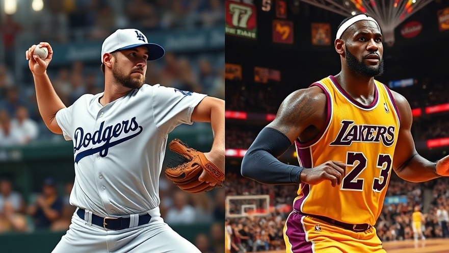 Dynamic scene of Dodgers pitcher and LeBron James; vibrant sports memorabilia market investment.