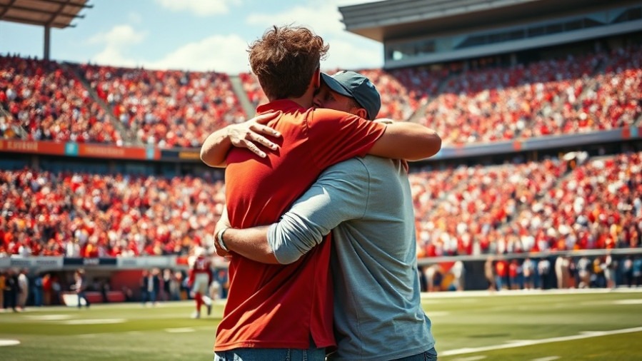 Joyful moments of community bonds as two friends embrace on a football field.
