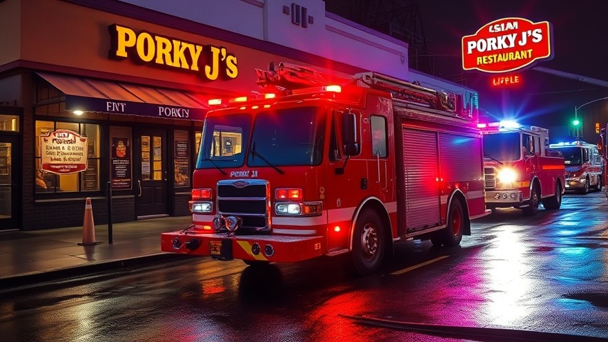 Fire truck with flashing lights at Porky J's BBQ fire in Helotes, urban scene.