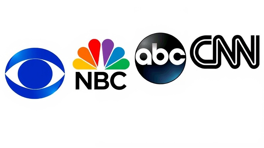 Logos of CBS, NBC, ABC, and CNN highlighting news coverage of Trump.