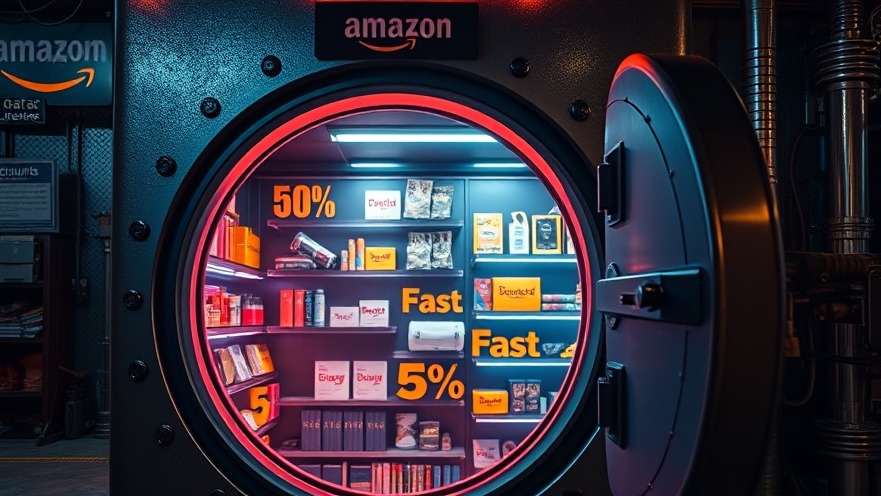 Vibrant Amazon Outlet advertisement showcasing hidden tech deals in a neon-lit vault.