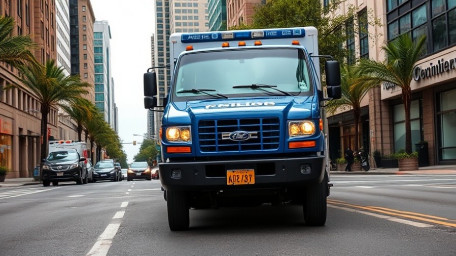 Photorealistic blue emergency vehicle highlighting Austin emergency services funding amidst city budget cuts.