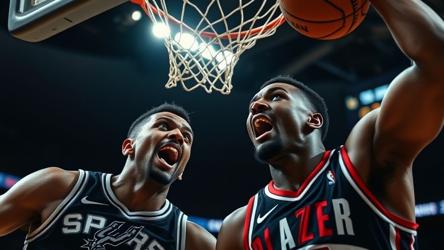 Intense NBA playoffs action: Spurs vs Blazers under bright arena lights.