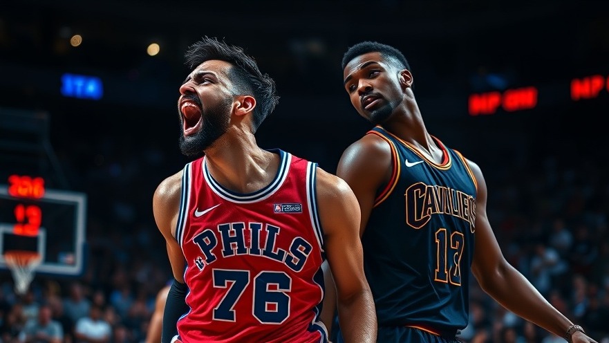 Intense basketball moment: 76ers player celebrates while Cavaliers player reacts.
