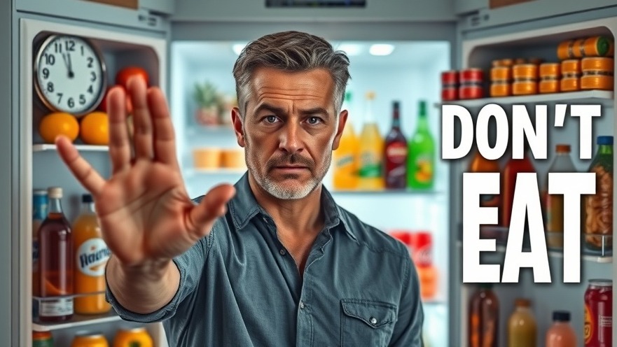 Mature man gesturing stop in front of late-night snacks, highlighting sleep quality tips.