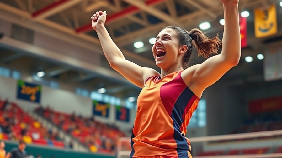 Energetic TCU volleyball player celebrates in vibrant indoor arena, capturing match highlights.