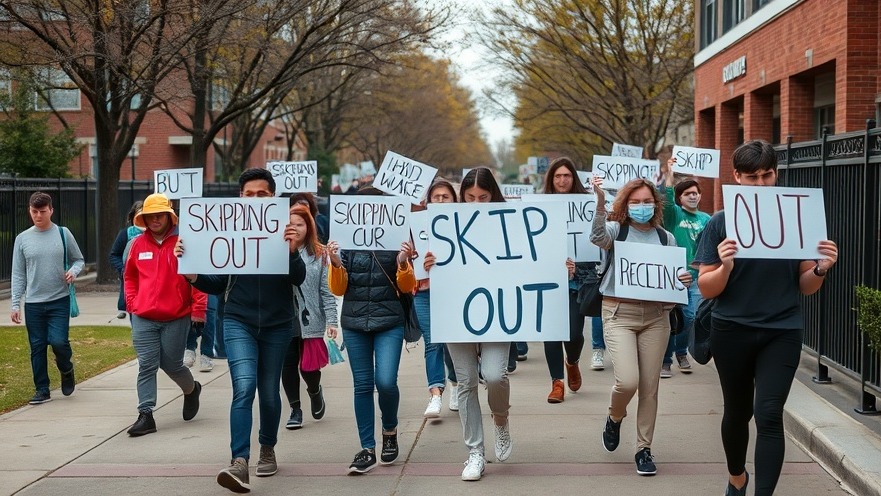 High school students walk out with signs advocating against teacher unions and immigration enforcement.