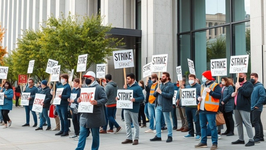 Workers on strike with signs outside an office building, reflecting union activity in U.S. public opinion.