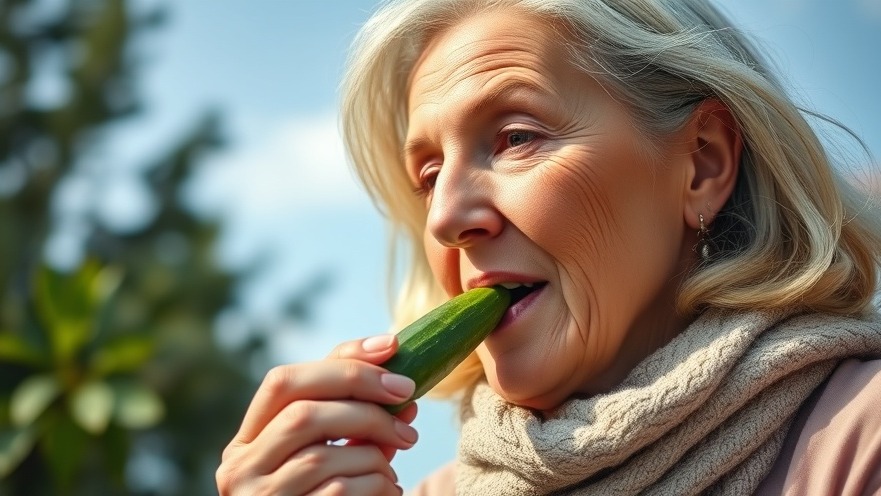 Middle-aged woman enjoying a fresh cucumber outdoors, embodying healthy living in Houston.