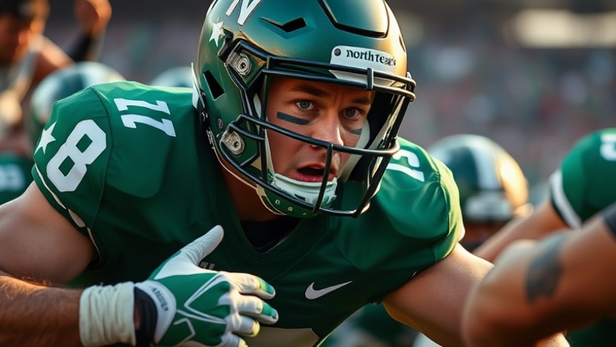 Determined North Texas Mean Green player in action, showcasing emotion and football strategy.