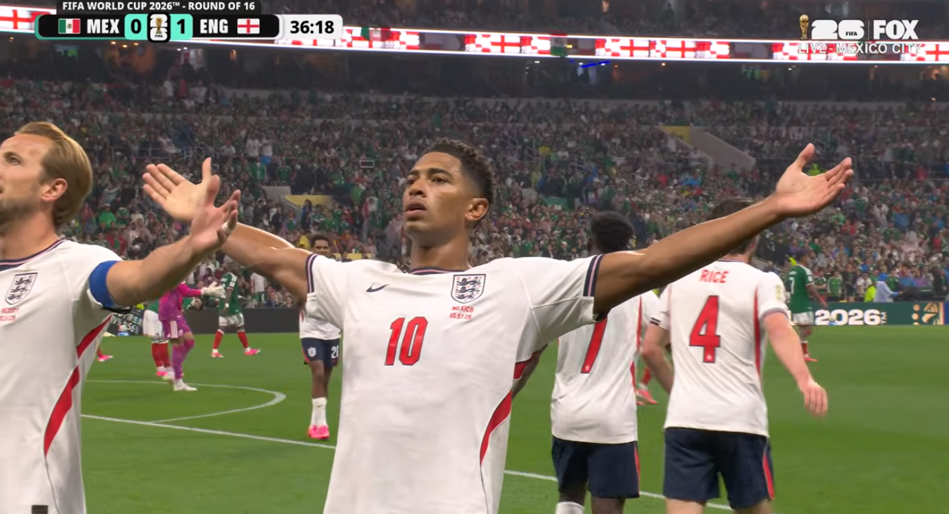 Post-match reaction to England's 3-2 victory over Mexico, vibrant sports setting.