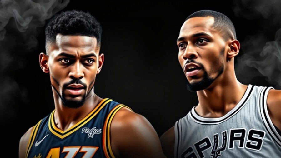 Intense San Antonio Spurs vs Utah Jazz matchup poster, photorealistic and colorful.