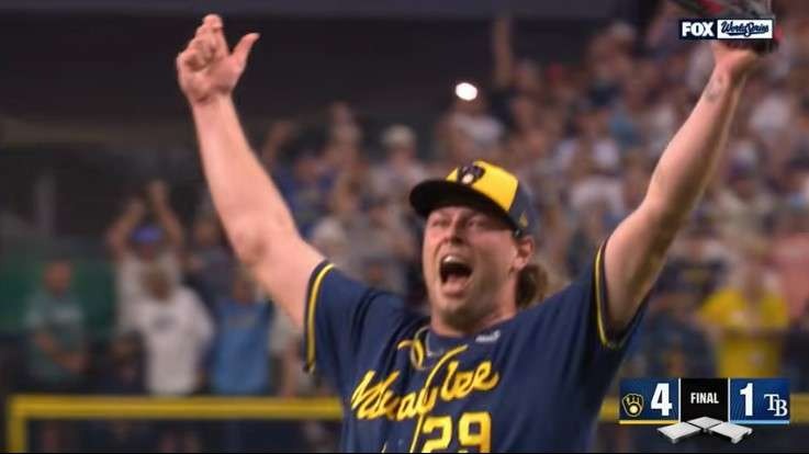 Brewers World Series Game 5 victory players celebrating, vibrant expressions.