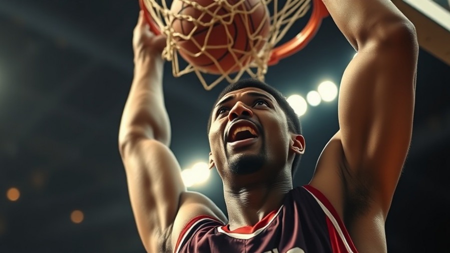 Dynamic NBA highlights featuring a player in a powerful mid-air slam dunk.