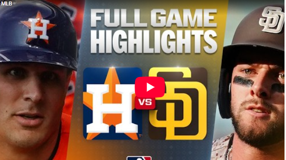 Astros vs. Padres game highlights split-screen image.