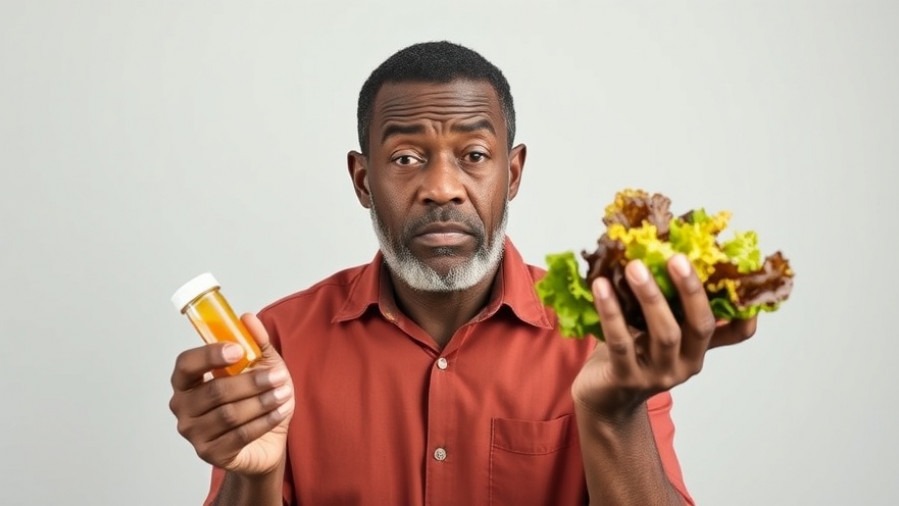 Middle-aged black man puzzled by food insecurity health outcomes, holding pills and lettuce.
