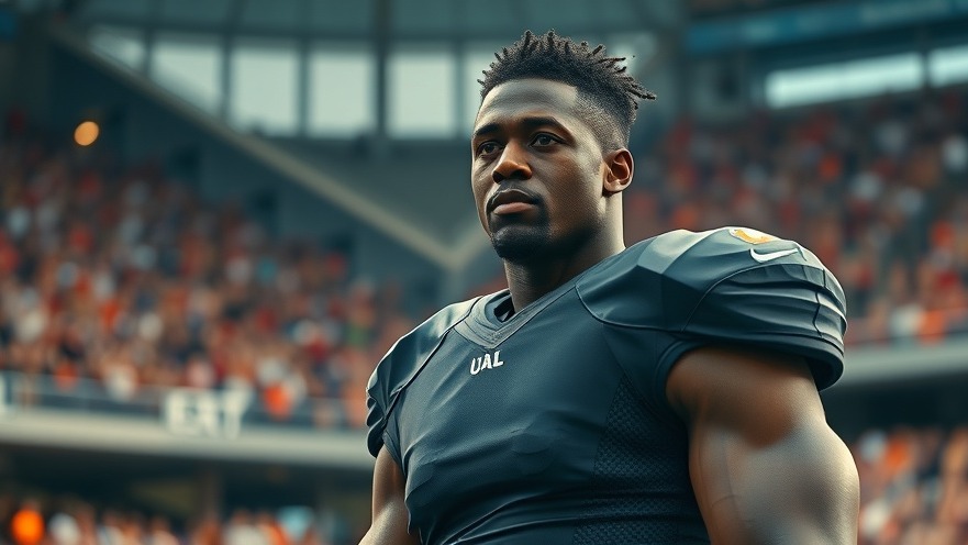 NFL domestic violence implications shown by focused black football player in stadium.