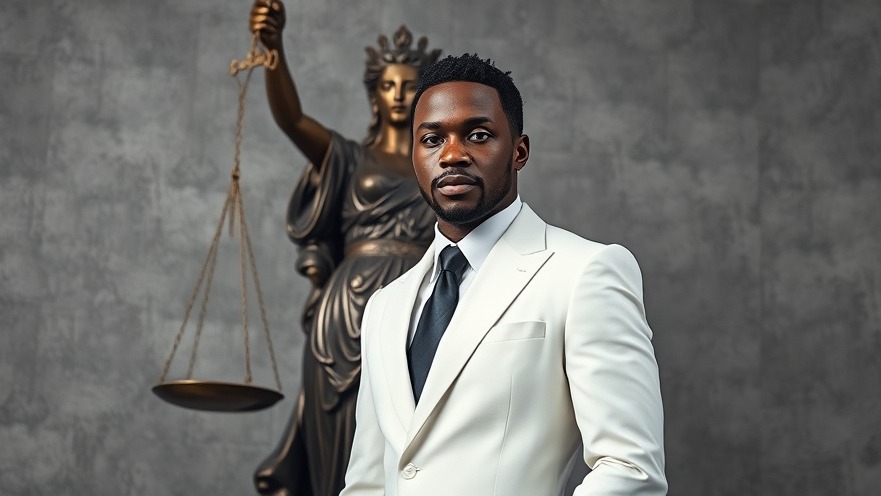 Black rapper in a white suit against a justice statue, symbolizing national news.