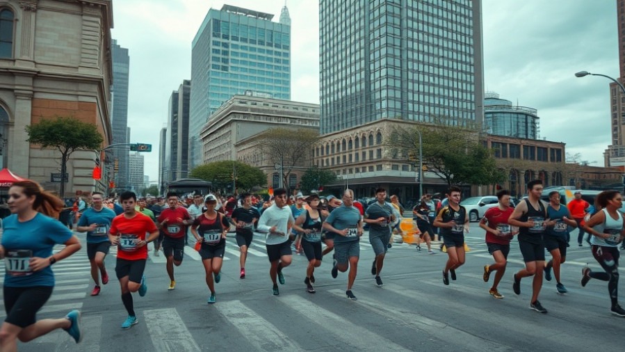 Urban marathoners in San Antonio community events, dynamic runners under an overcast sky.