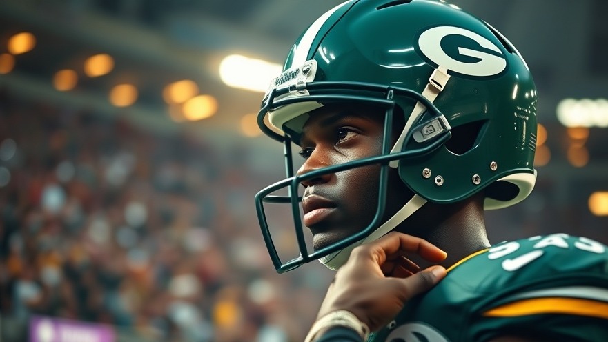 Contemplative player in Green Bay helmet reflects on NFL contract disputes amid stadium excitement.
