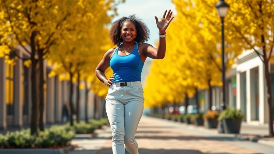 Serena Williams showcasing body positivity in urban autumn setting, vibrant colors.