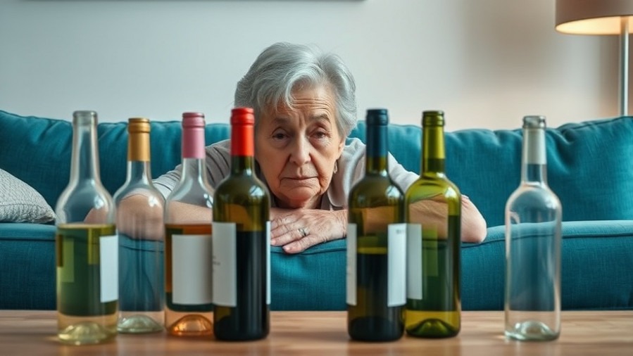 Older woman shows aging effects on drinking, exhausted on a teal sofa with wine bottles.