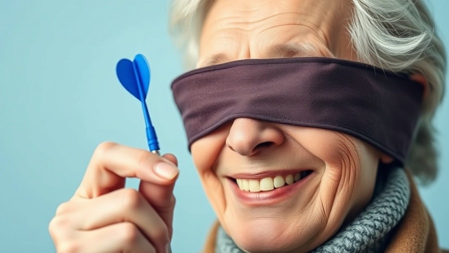 Smiling older person blindfolded, symbolizes patient empowerment in healthcare choices.