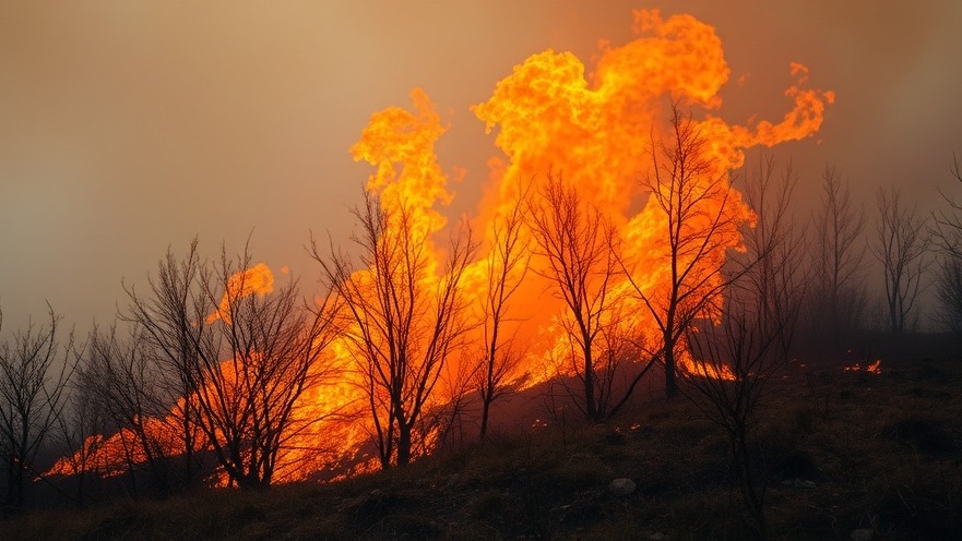 Austin weather news shows brush fire with high flames and thick smoke.