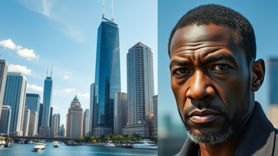 Photorealistic Chicago cityscape with skyscrapers and a serious man, highlighting public safety reform.