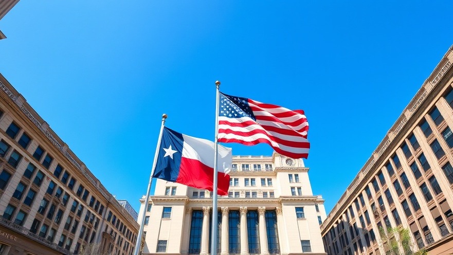 Texas economy news: flags waving in front of urban architecture, showcasing job growth.