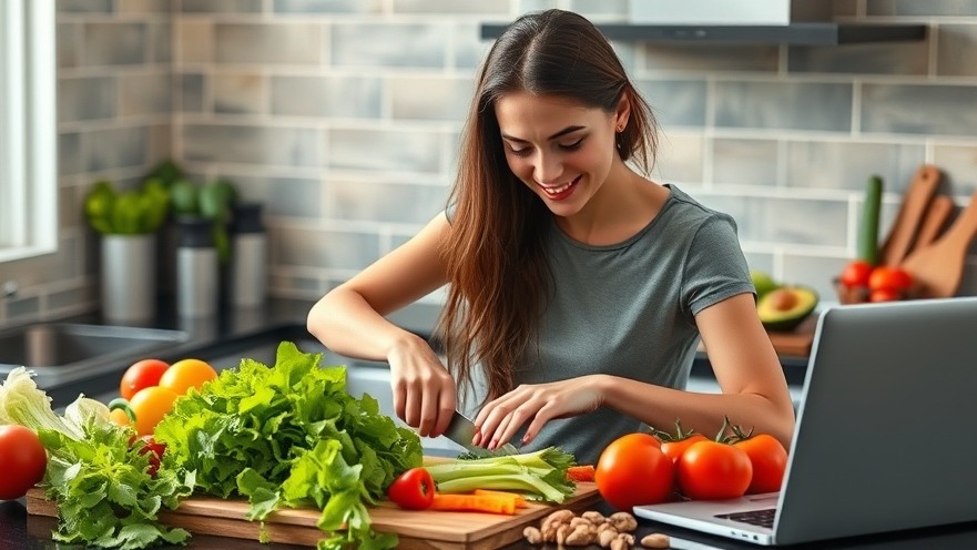Young woman meal prepping budget-friendly meals in a stylish kitchen.