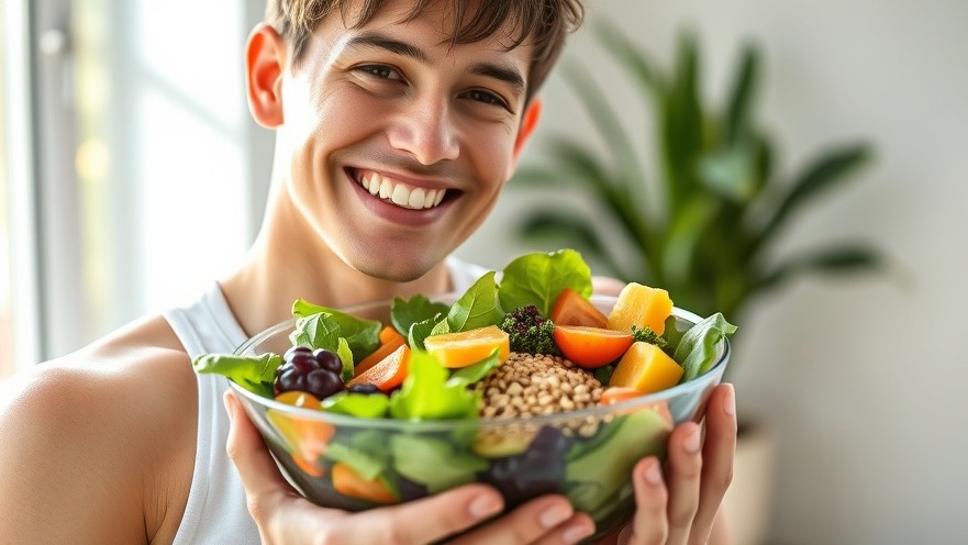 Smiling young adult showcasing healthy eating habits with a vibrant salad bowl.