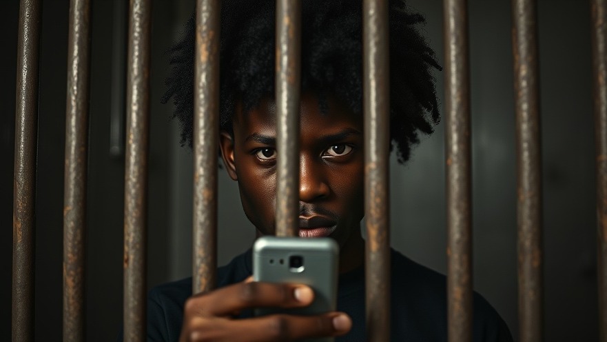 Young black man with frizzy afro looking through prison bars, reflecting on Dallas breaking news.