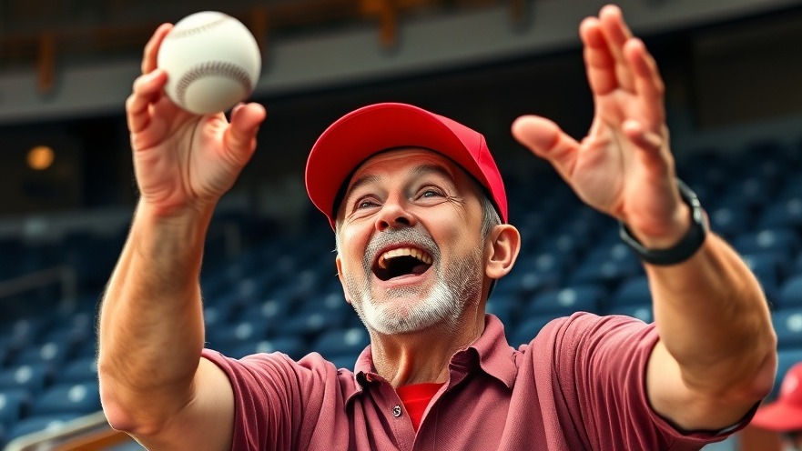 Enthusiastic fan in red cap reaches for a foul ball, capturing baseball culture.