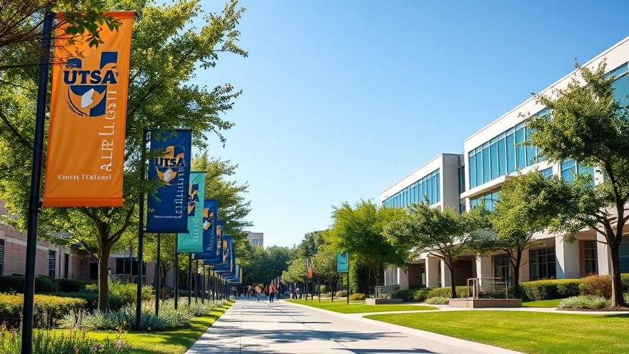 Bright UTSA campus showcasing free speech on campus with peaceful student rights banners.
