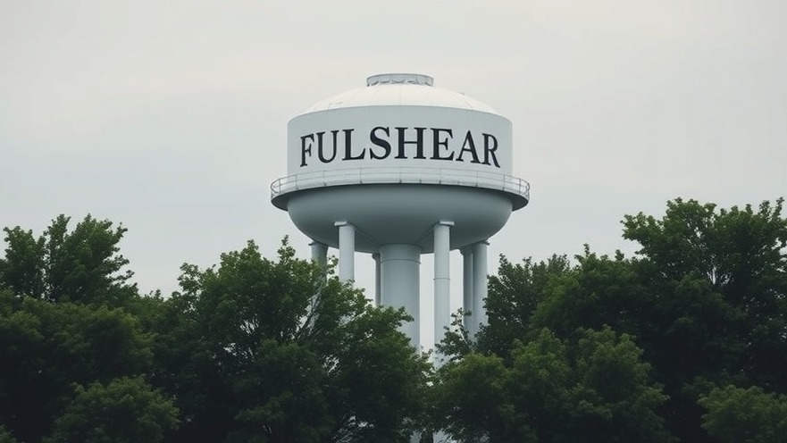 Fulshear water tower amidst trees, highlighting Fort Bend County infrastructure.
