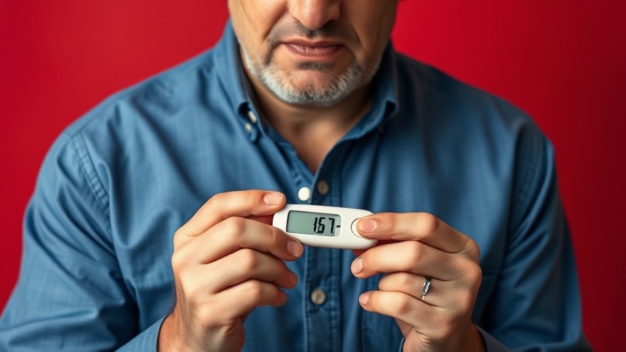 Concerned middle-aged man checking glucose meter for blood sugar management.