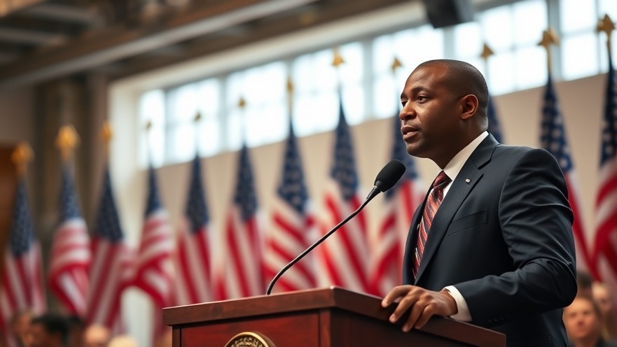 Confident speaker in a suit addressing political discourse on legislative accountability.