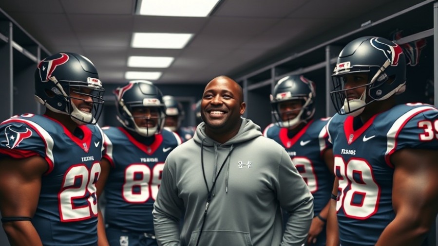 Joyful Houston Texans locker room celebrating NFL team spirit with happy Black coach.
