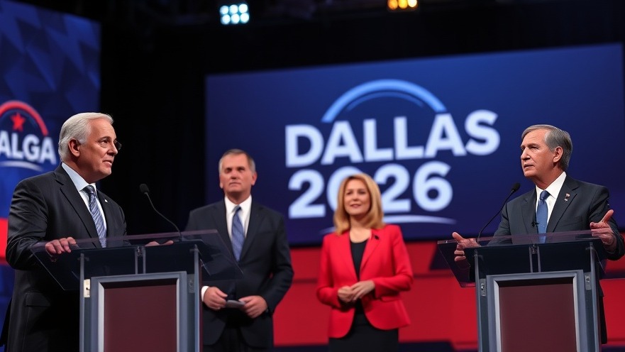 Texas GOP primary candidates debate with Dallas 2026 backdrop, vibrant colors.