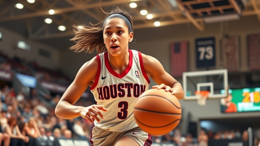 Photorealistic female HOUSTON player dribbling in Big 12 Women's Basketball, dynamic motion blur.