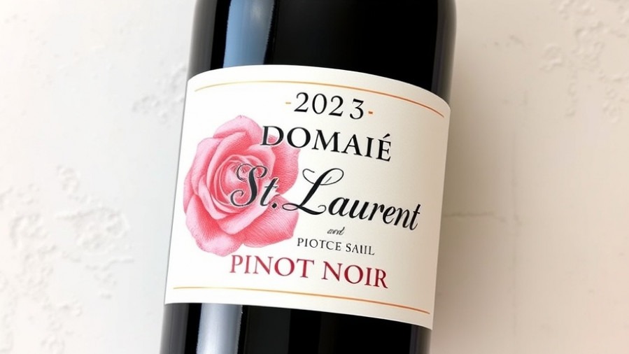 Close-up of 2023 Domaine St. Laurent Pinot Noir label, showcasing elegant rose illustration.