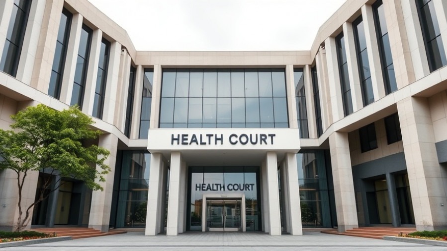 Modern governmental building for mental health support, featuring 'HEALTH COURT' signage.