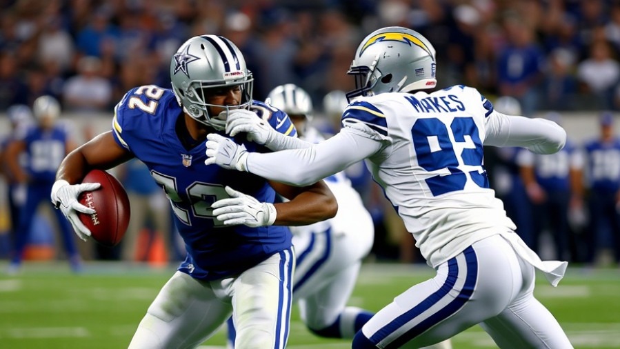 Dallas Cowboys player tackling Los Angeles Chargers in intense NFL playoffs action.