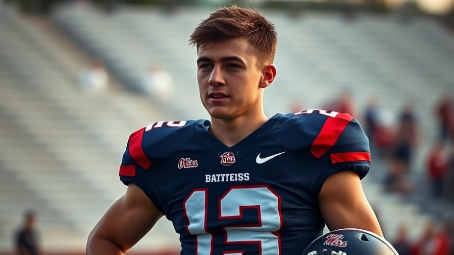 Determined young football player in Ole Miss colors, capturing spirit of Trinidad Chambliss.