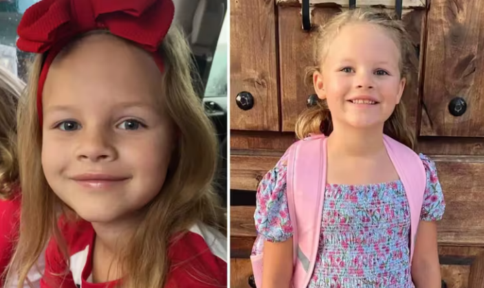 Monochrome news overlay with man and girl about murder trial.